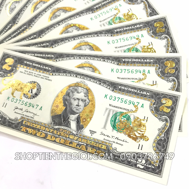 Tiền 2 USD in hình con Mèo 3D nhũ vàng 